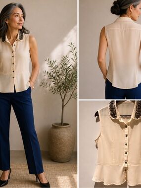 BLVD Cream Sleeveless Blouse with Embellished Collar